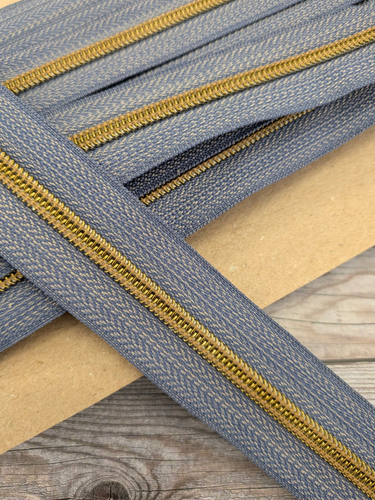 Zipper Tape Antique Brass Teeth on Denim 6mm