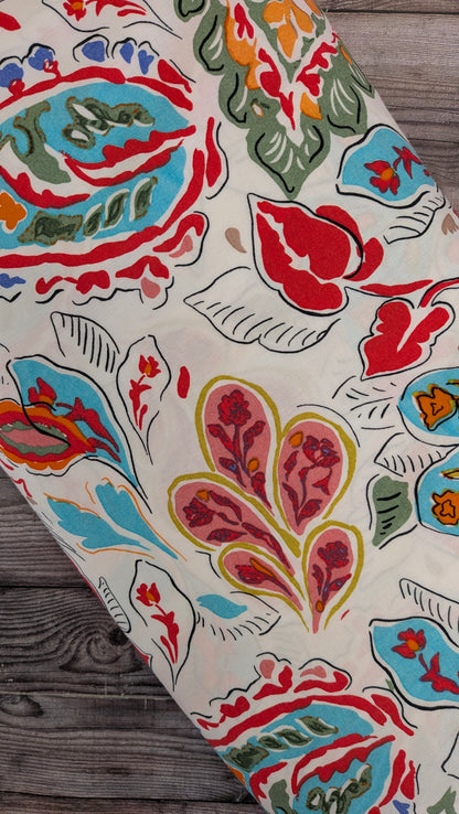 Colourful Paisley on White Ananda Viscose