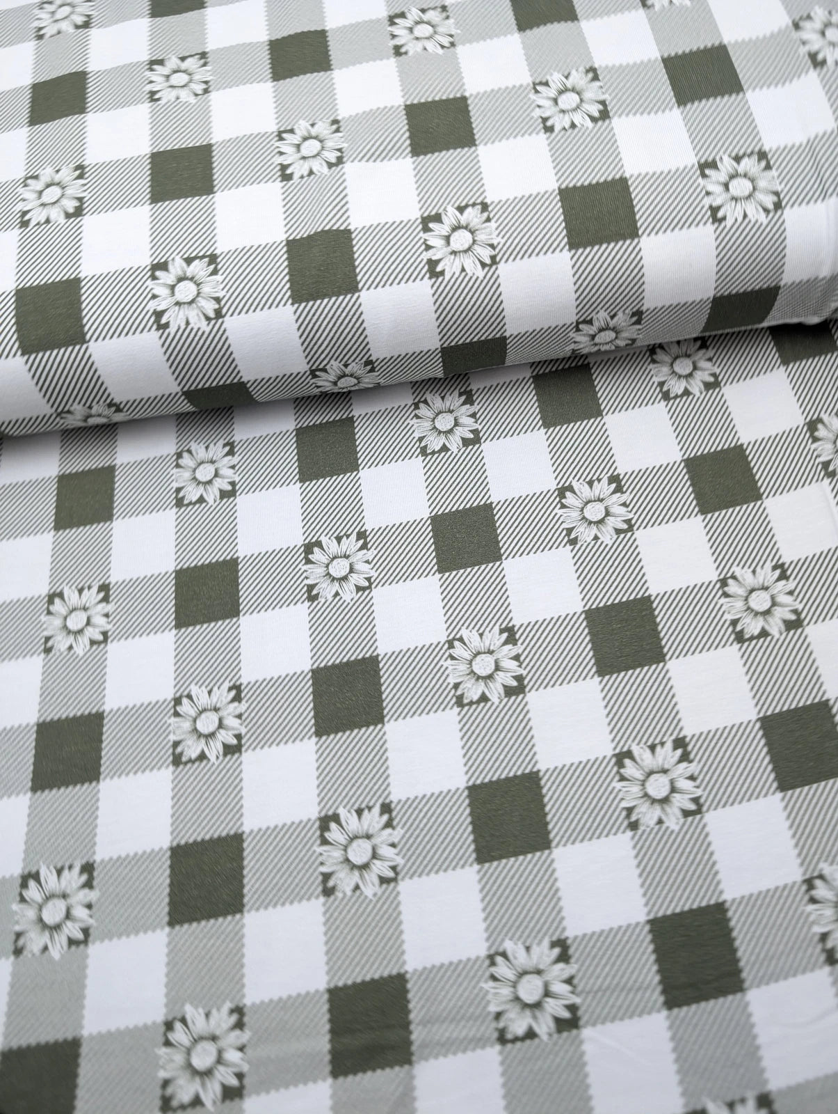 Daisy Gingham Sage Cotton Jersey